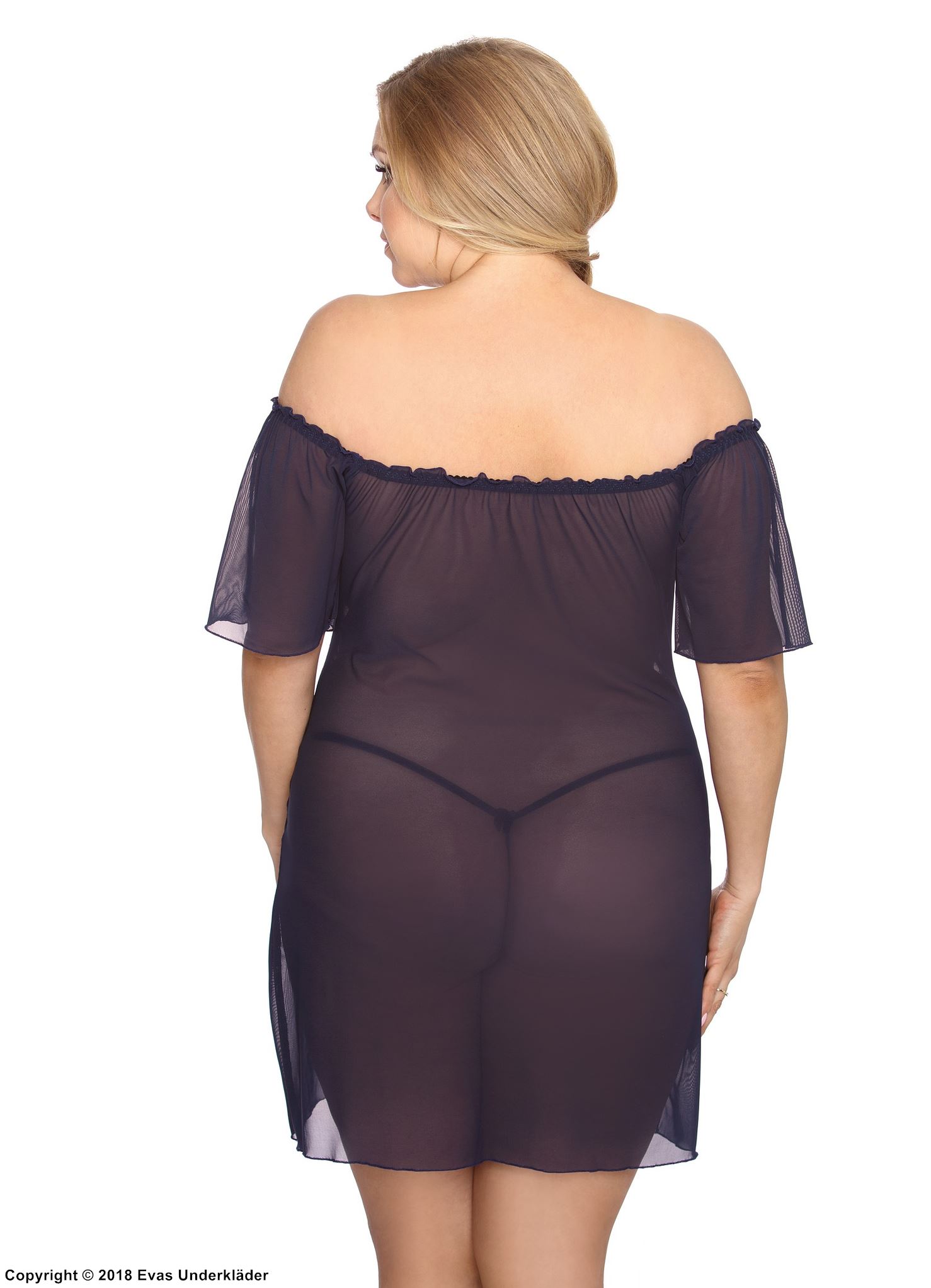 Nachtkleid, durchsichtiges Netz, Spitzeneinlagen, off shoulder, XL bis 6XL